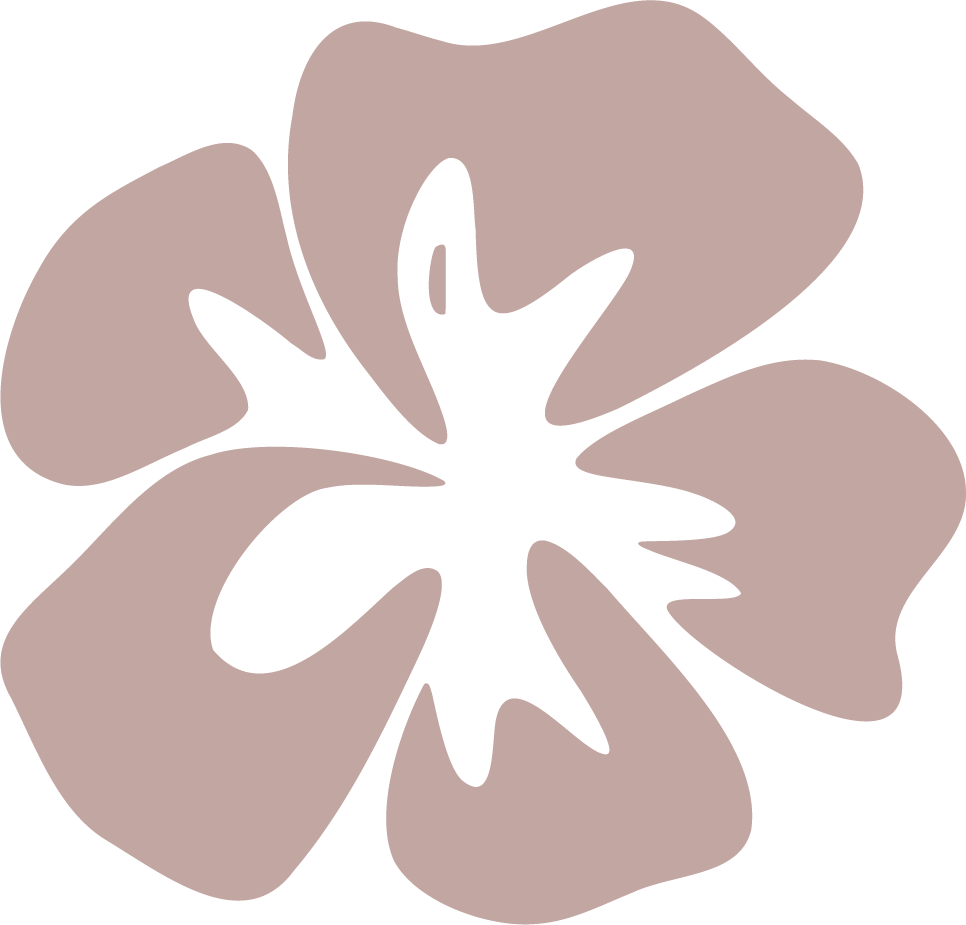 A stylized illustration of a hibiscus flower with four beige petals and a black stamen in the center.