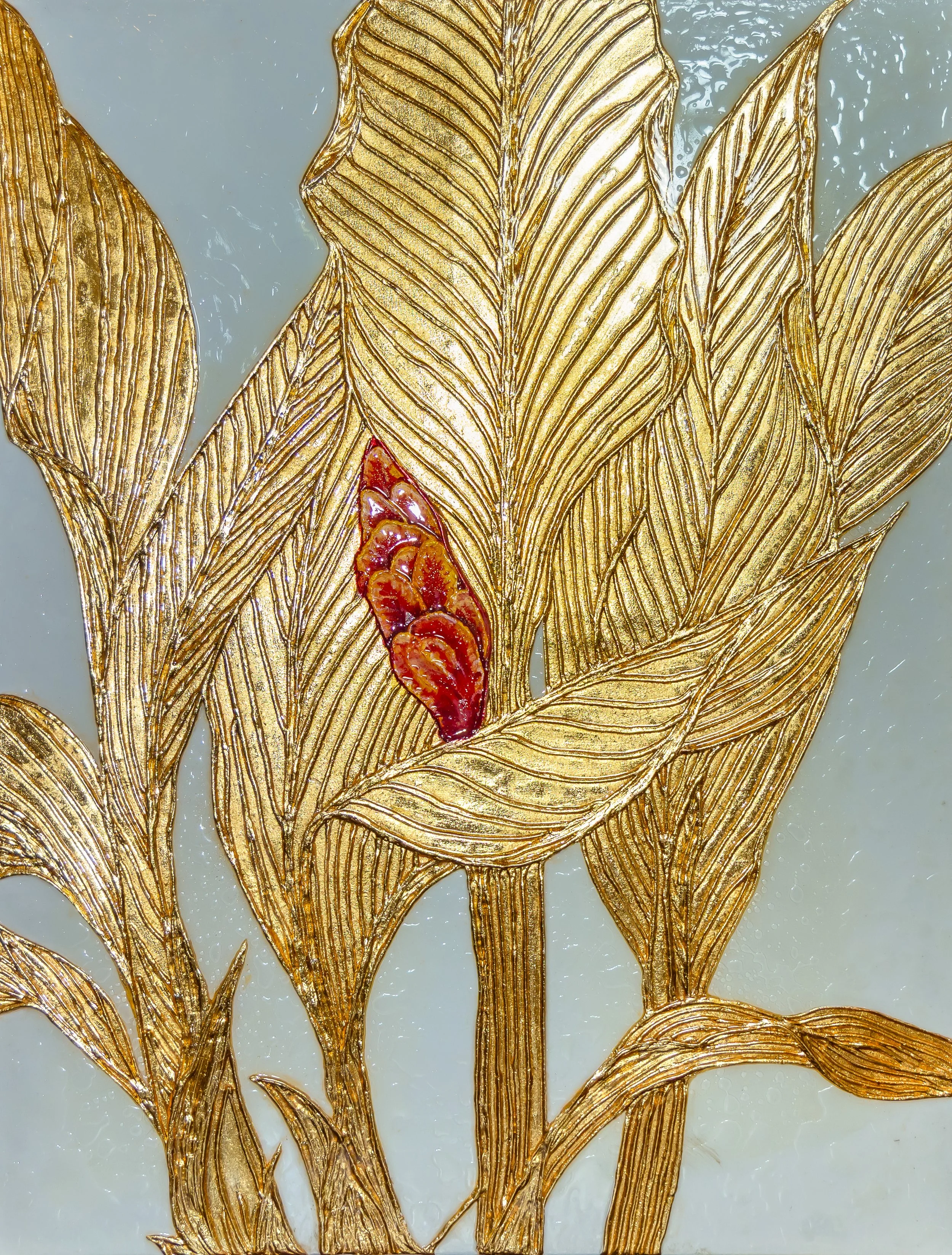 Gold Tropical Leaves with Red Flower