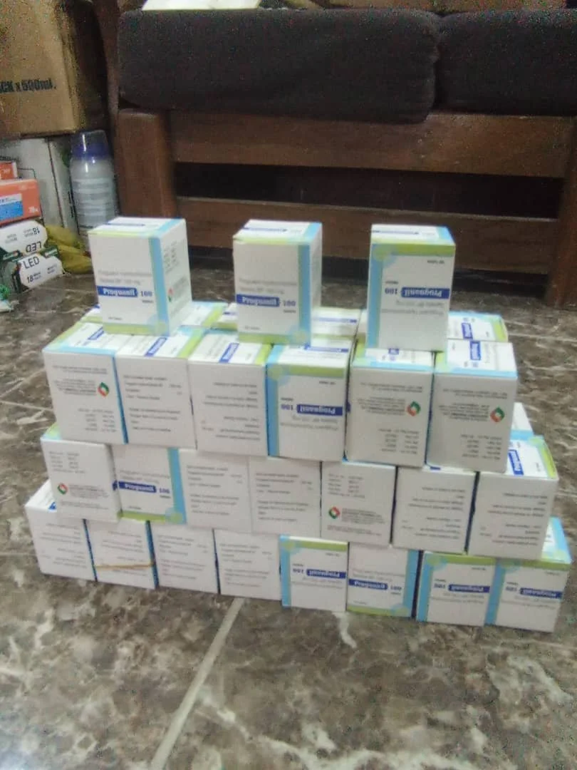Stack of white boxes with blue and green labels on a marble floor, with furniture and various items in the background.