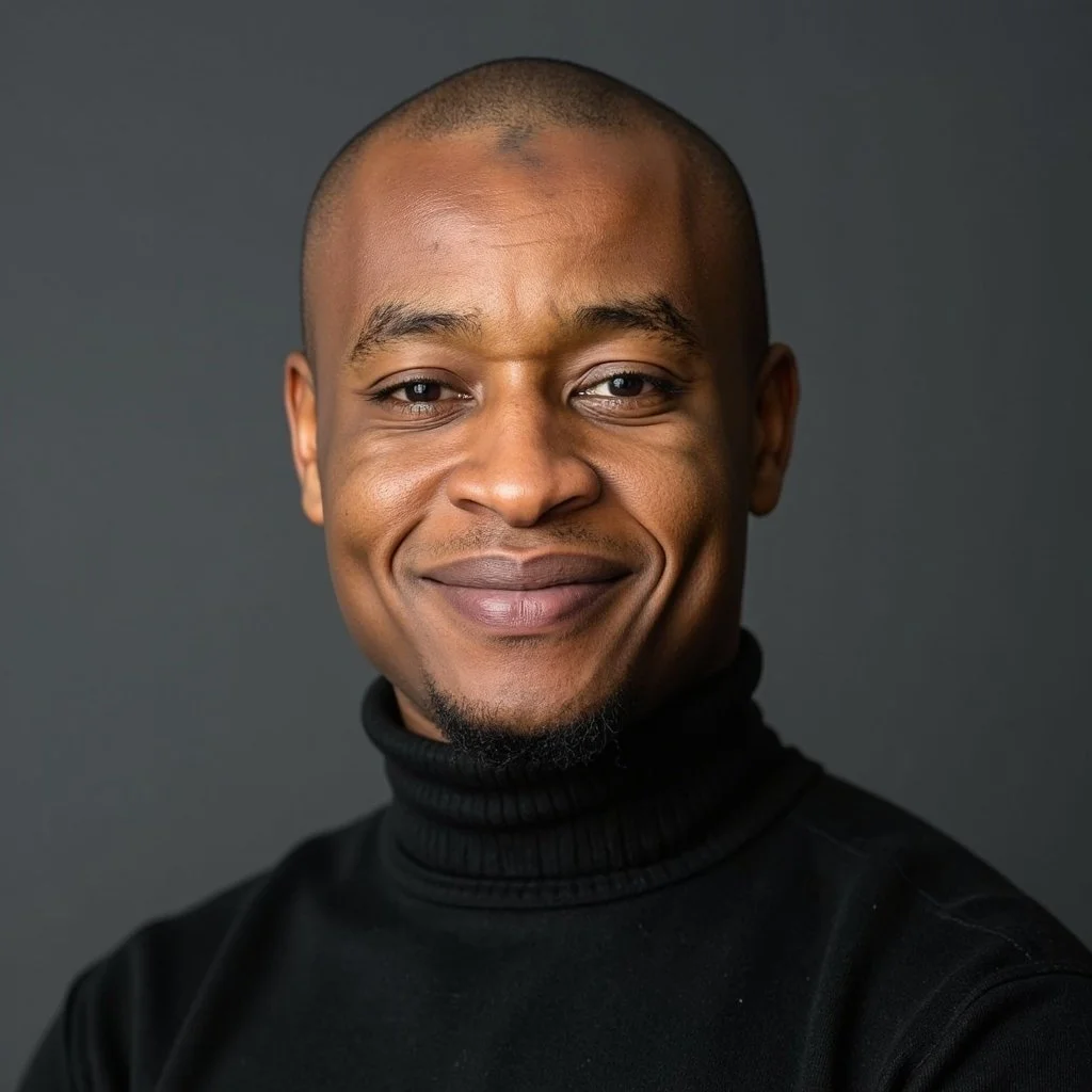 Close-up portrait of a smiling Black man with a shaved head, wearing a black turtleneck sweater, against a dark gray background.