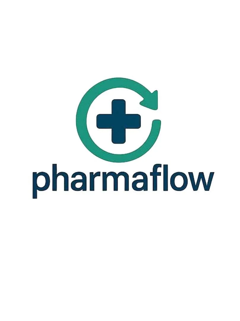 PharmaFlow logo featuring a medical cross inside a circular arrow and the company name beneath.