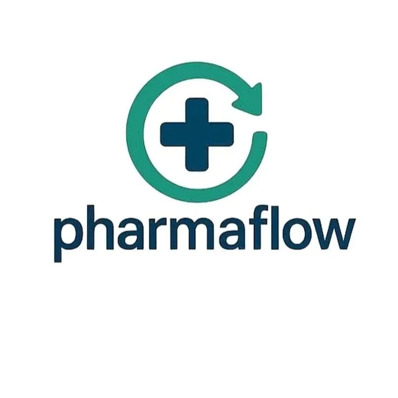 Logo for Pharmaflow, featuring a dark blue medical cross inside a circular arrow, with the word 'pharmaflow' below.