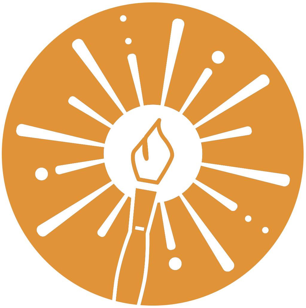 White flame icon surrounded by radiating lines and dots on an orange circular background