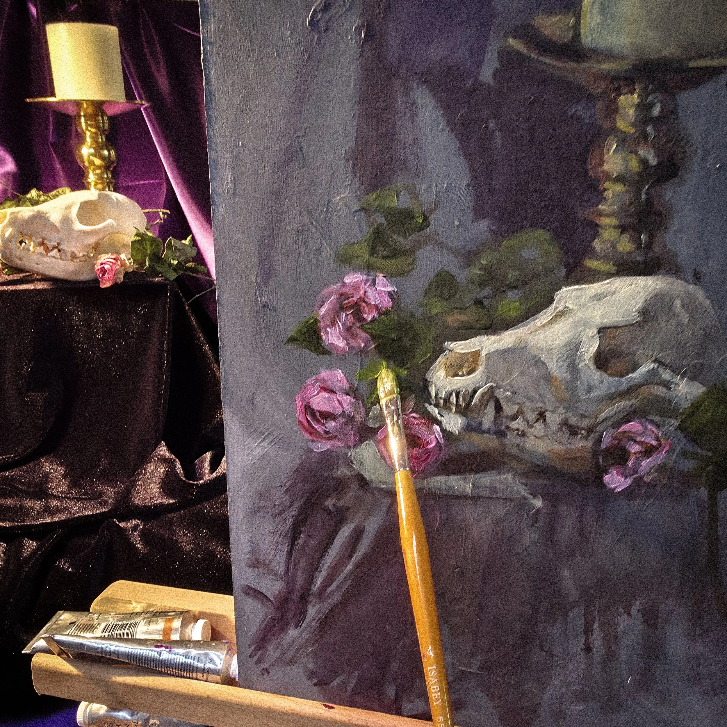 Gothic still life with a skull, pink roses, gold quill pen, candle, and dark velvet backdrop