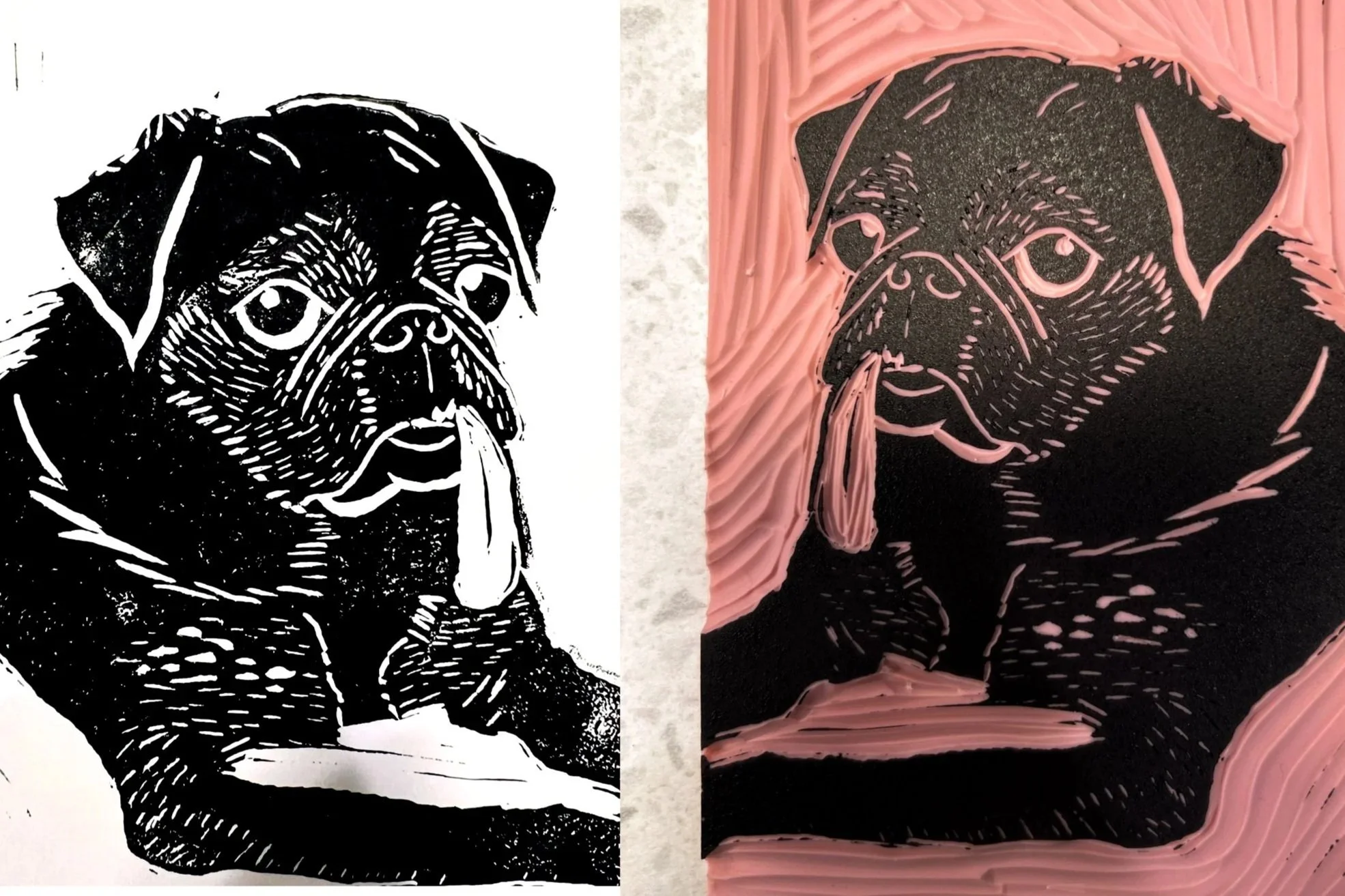Side-by-side black-and-white and pink hand-carved portraits of a wrinkled bulldog with its tongue out