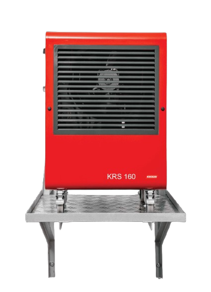 A red Kruger KRS industrial dehumidifier unit on a metal table with black background.