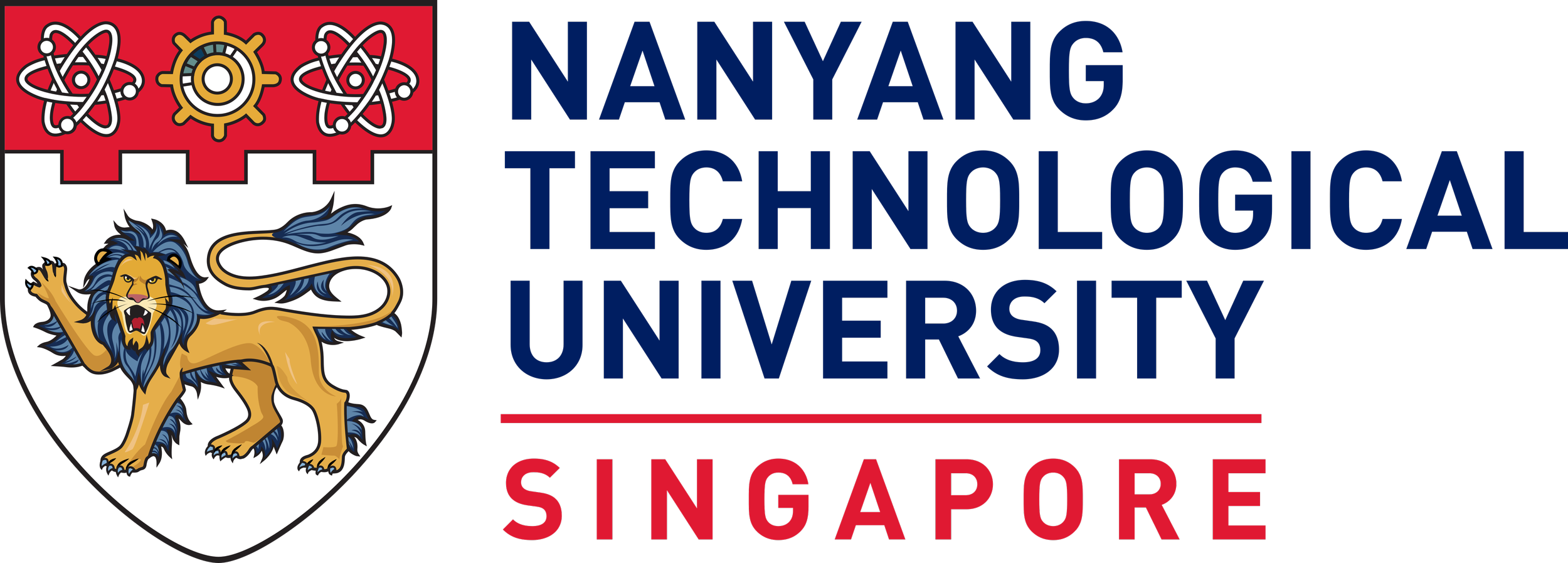 Logo of Nanyang Technological University Singapore, featuring a shield with a lion and three atom symbols.