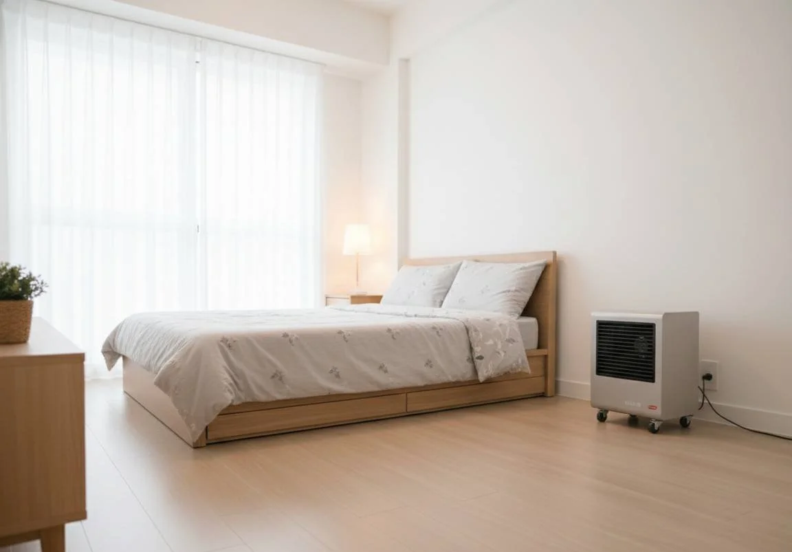Minimalist bedroom with a wooden bed, white bedding, a small nightstand with a lamp, a potted plant, and a dehumidifier near the wall. Bright natural light filters through sheer curtains.