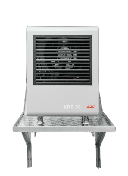 A white Kruger KRS industrial dehumidifier unit on a metal table.