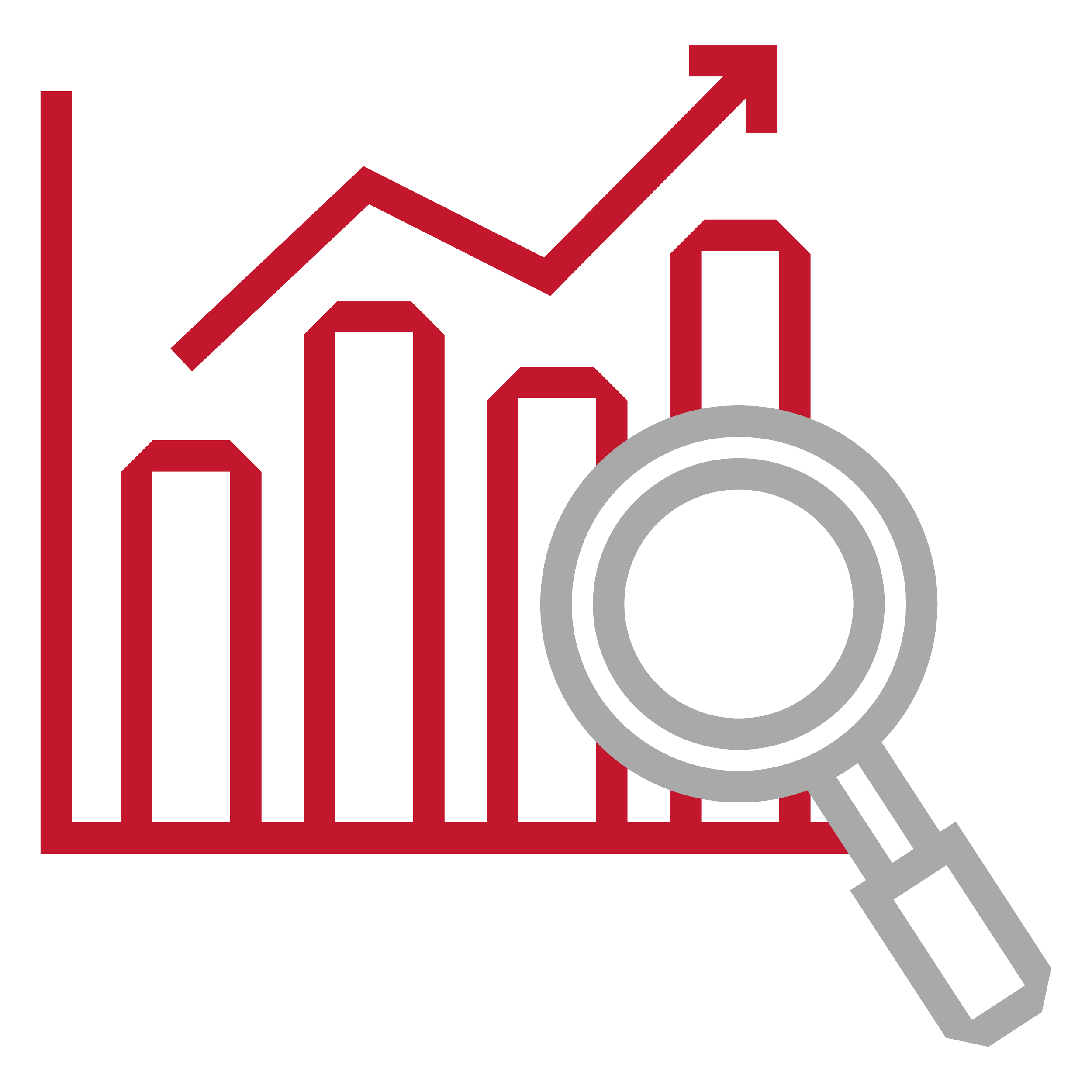 A graph with red bars and a red line trend, overlaid with a magnifying glass icon.