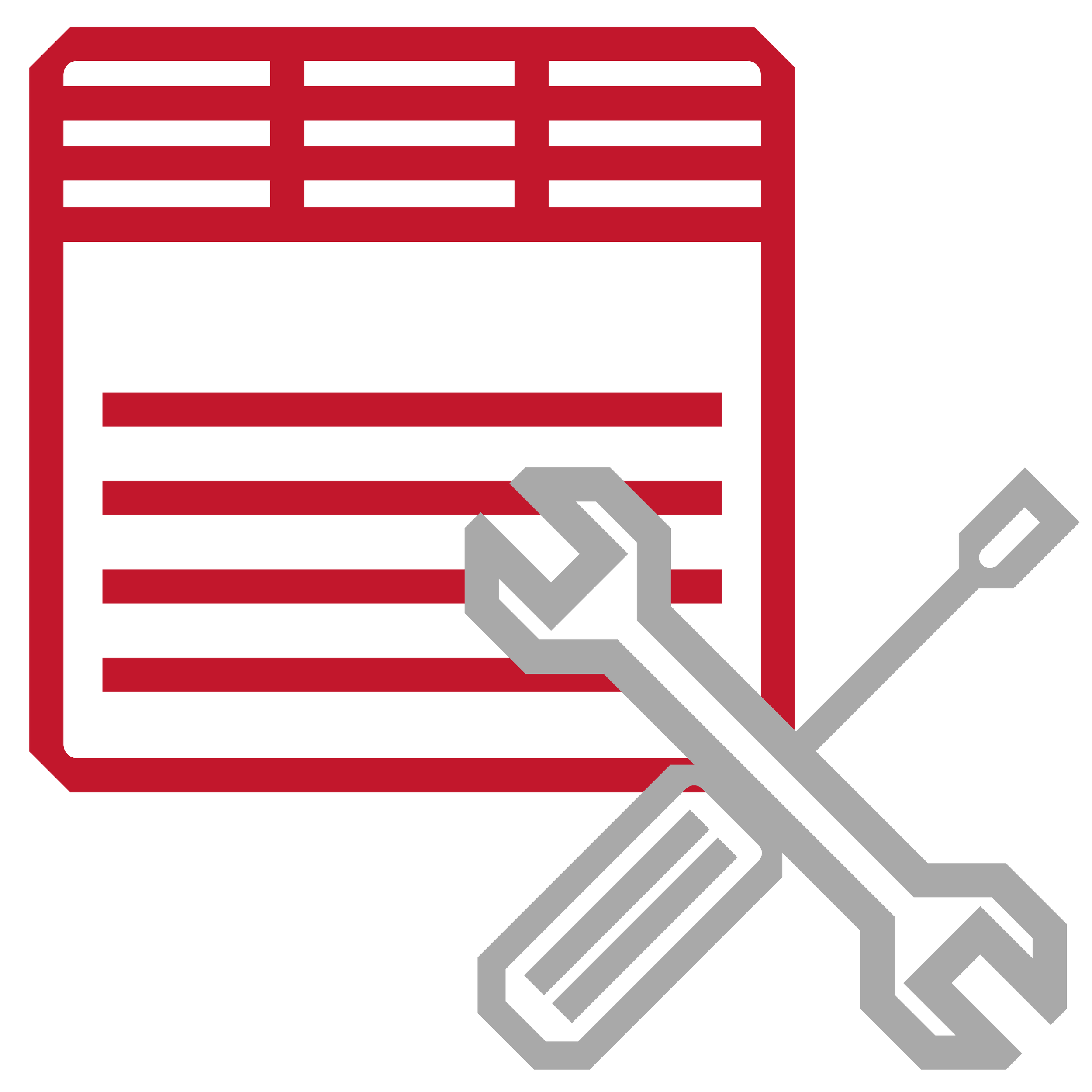Icon of a document with red lines and a clipboard with a wrench and screwdriver crossing each other indicating repair or maintenance.