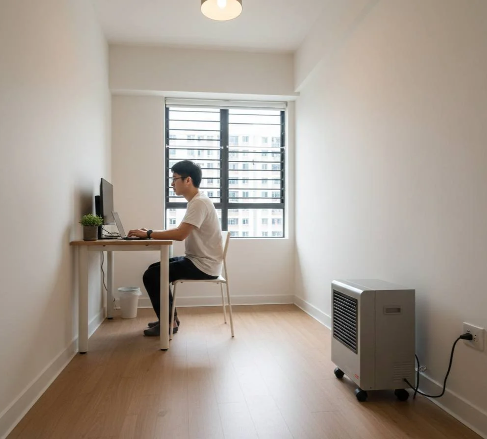 A young man sitting at a desk with a computer in a minimalistic room with a large window.