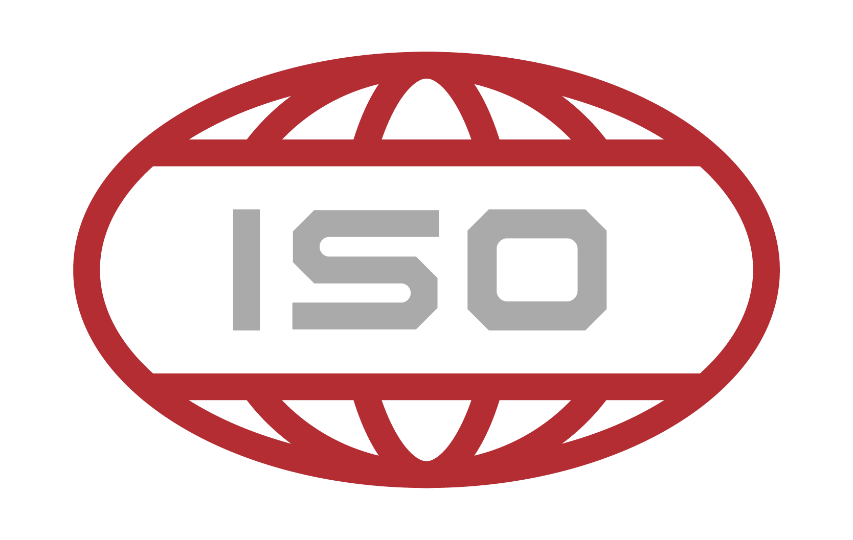 A red badge with the text "ISO" in gray letters inside a black oval, surrounded by a red globe outline.