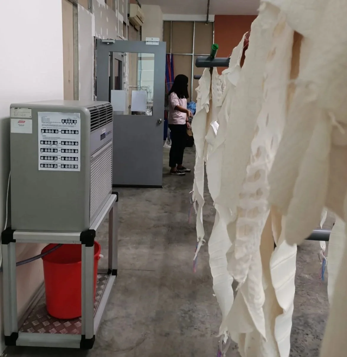 A room with hanging leather sheets on the right side of the image, a gray dehumidifier unit in the foreground on a stand with a red bucket underneath, and a door and shelving in the background.