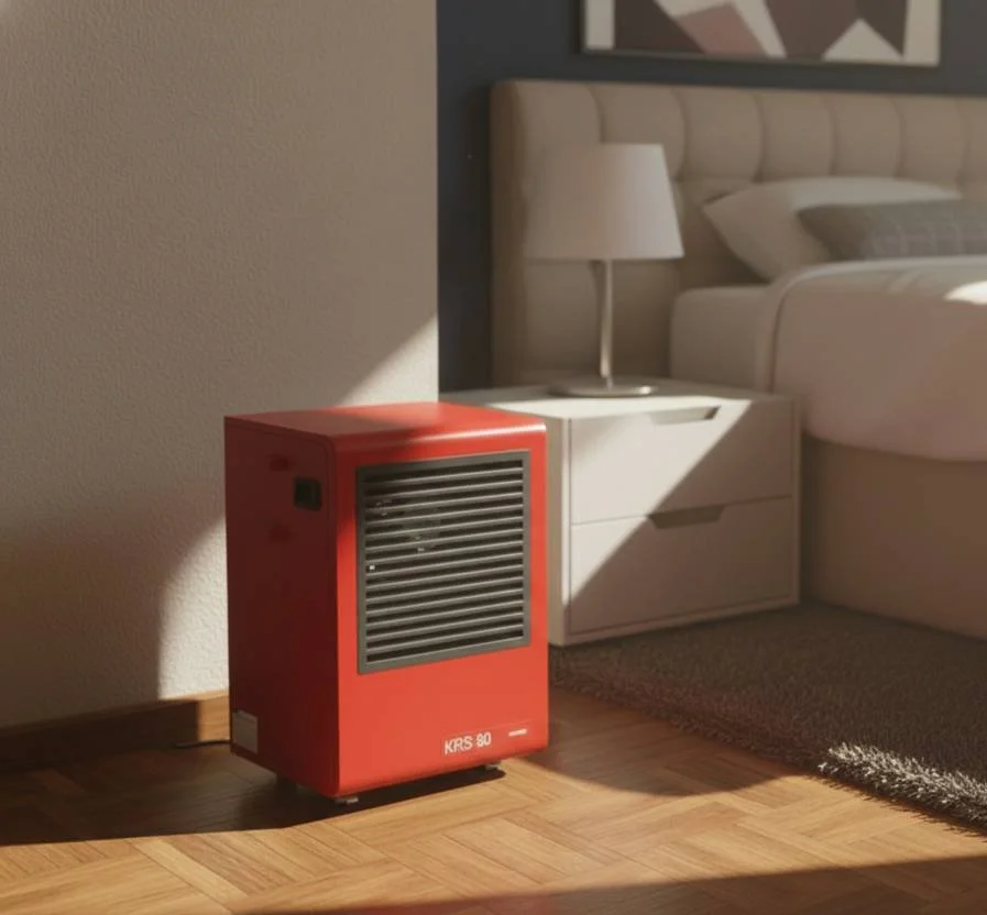 A red KRS 30 dehumidifier in a bedroom next to a white nightstand and bed with a pillow, with sunlight casting a shadow on the wall.