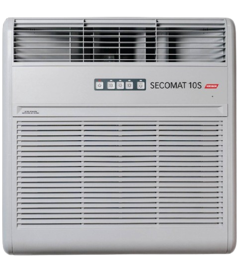 Wall-mounted dehumidifier unit with control panel and vents.