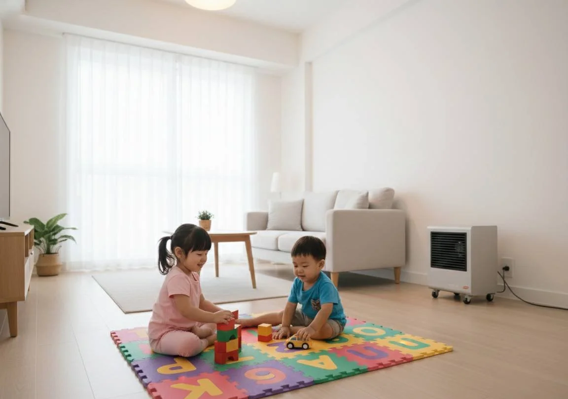 A girl and a boy playing with toys on a colorful foam puzzle mat in a bright living room with a white sofa, potted plants, and a dehumidifier unit.