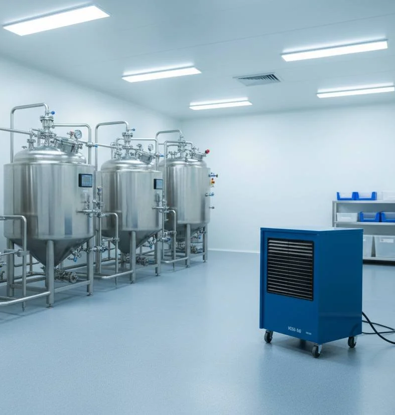 Clean laboratory with stainless steel tanks and a blue dehumidifier in a white room.