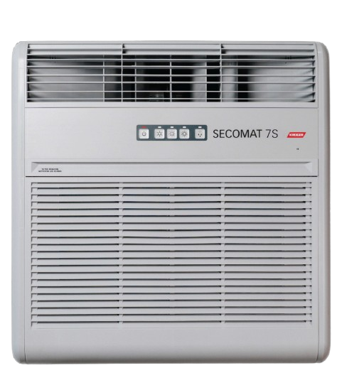 Wall-mounted dehumidifier unit labeled SECOMAT 75S with control panel and air vents.
