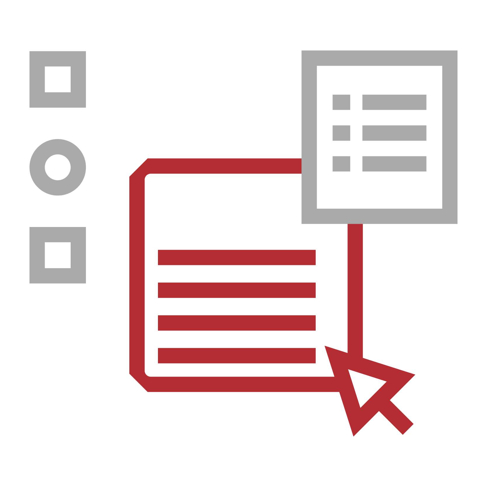 Icon showing a database, a document, and a cursor pointing to the document connected to a server or computer.