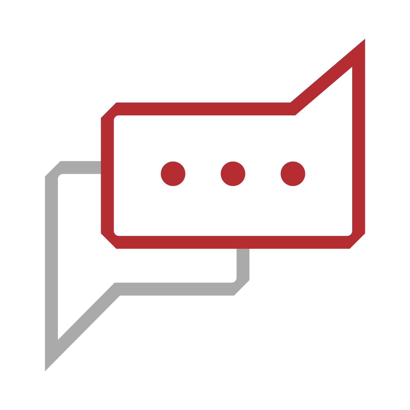 Stylized speech bubbles with a rising arrow, one in gray and the other in red.