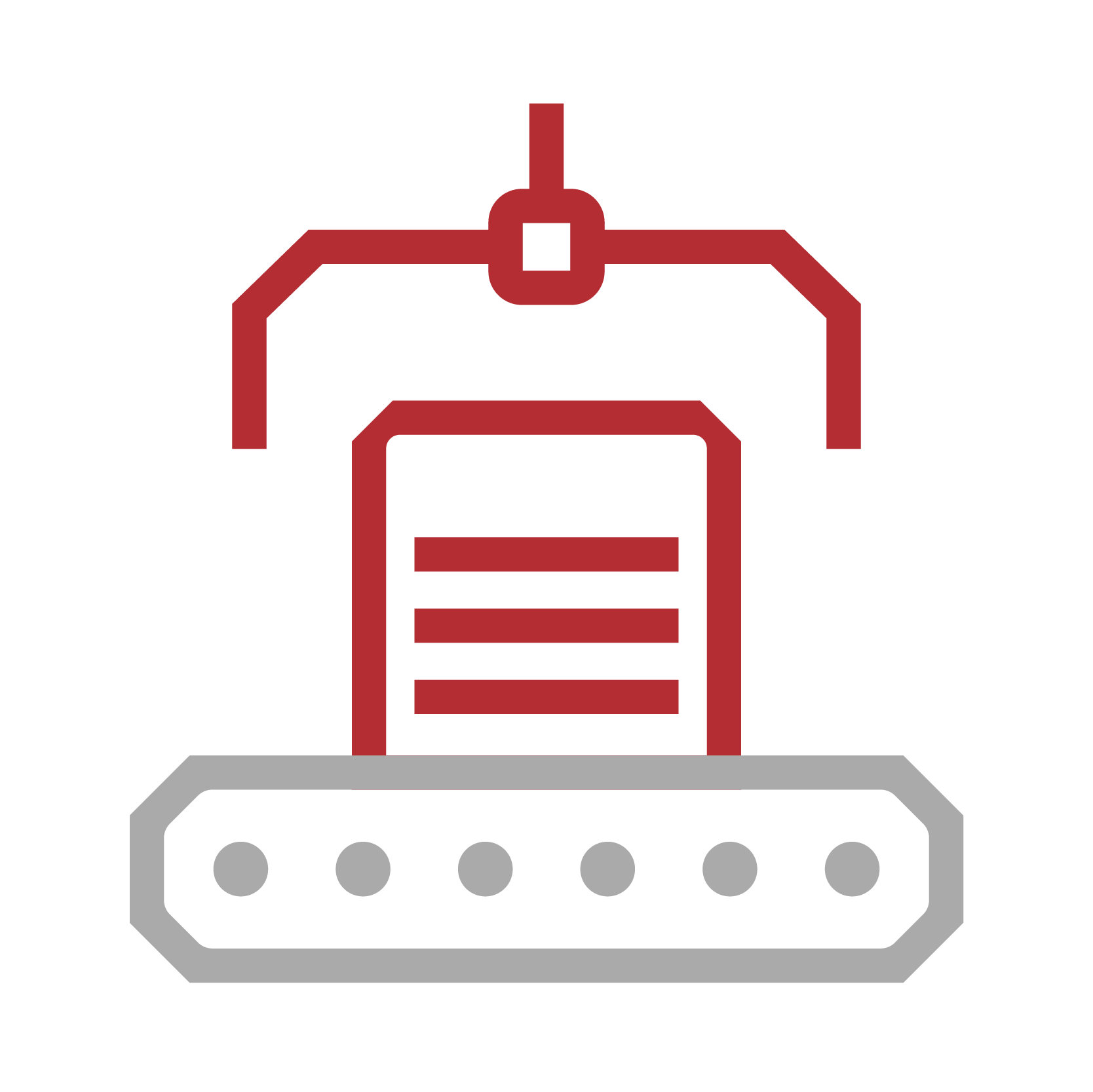 Outline icon of an assembling process, in red and gray on black background.
