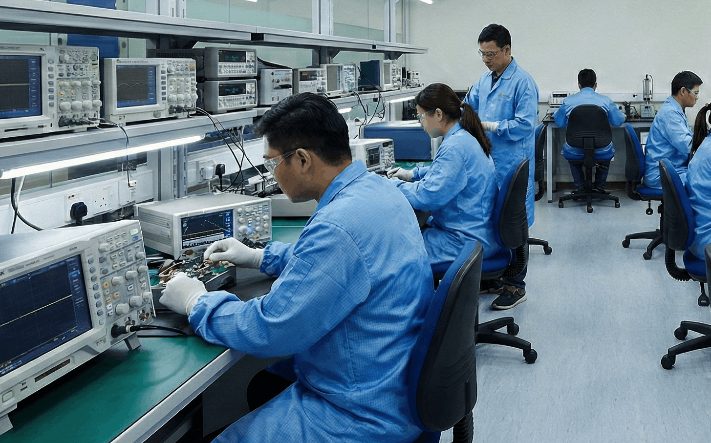 Scientists working in a laboratory with electronic equipment, wearing blue lab coats, safety glasses, and gloves.