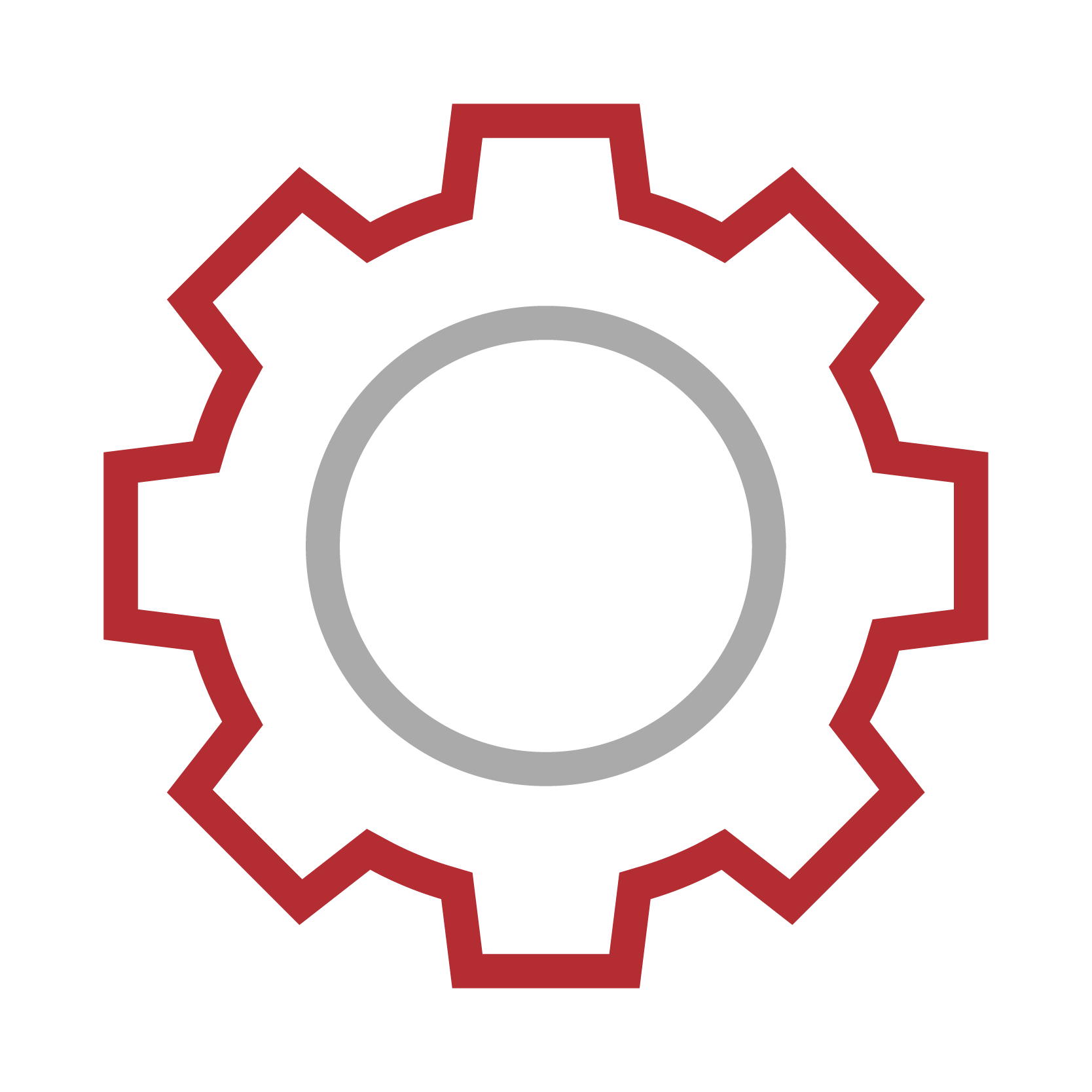 Illustration of a gear or cogwheel with a black and red outline and a gray inner ring.