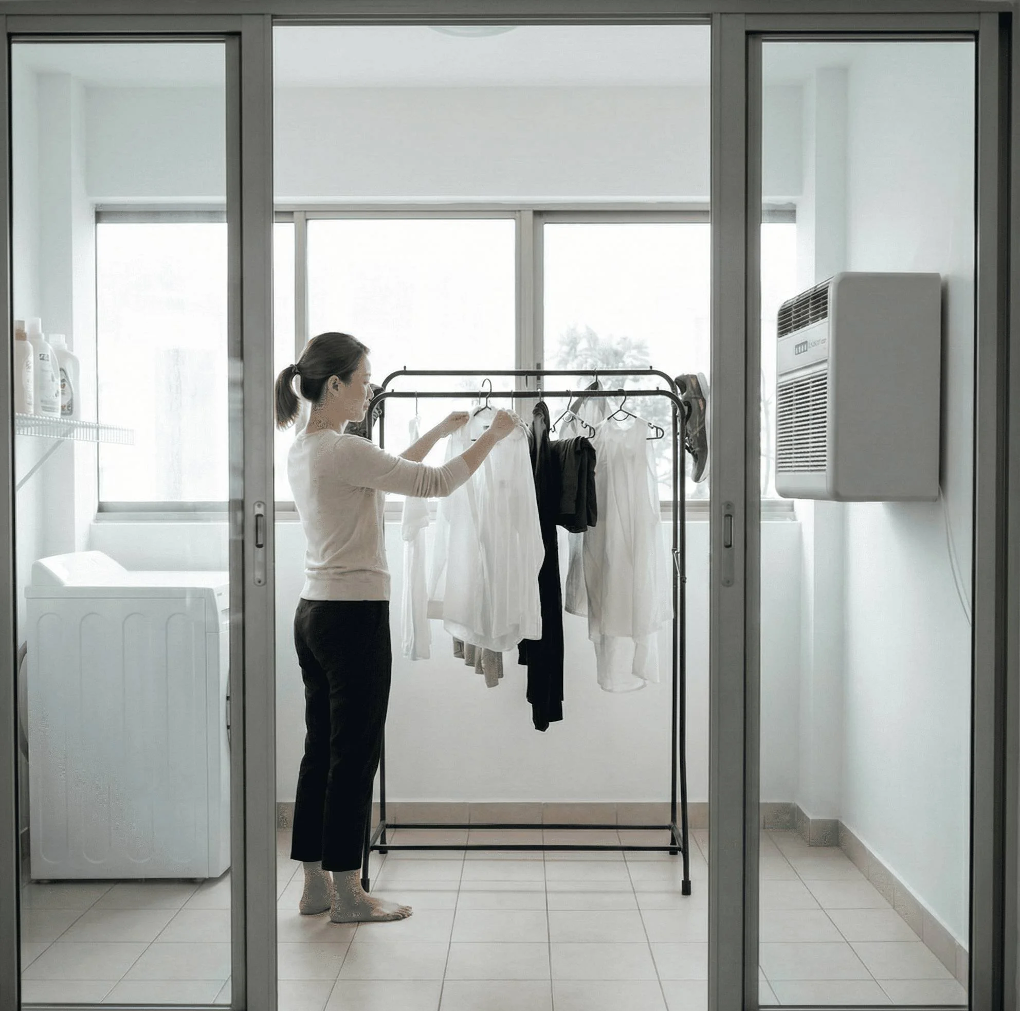 Woman hanging clothes on a drying rack in a laundry room.