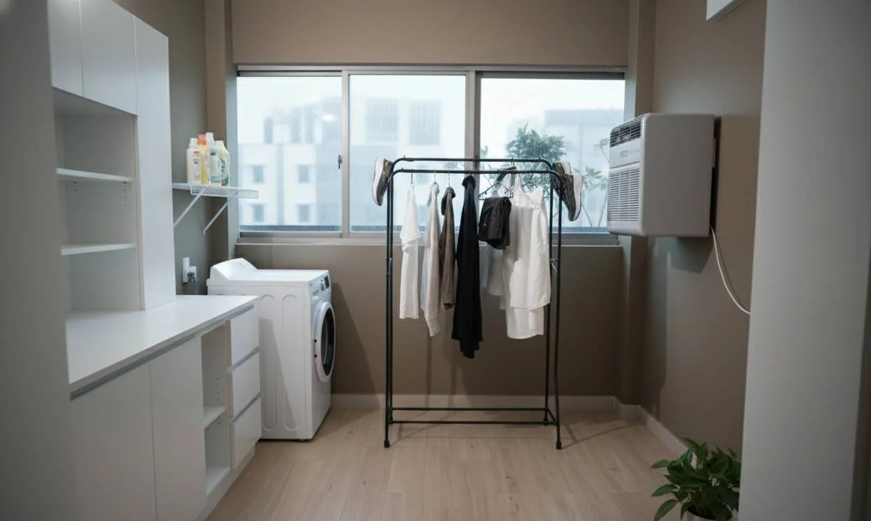 A laundry room with a washing machine, dehumidifier, a drying rack with clothes hanging, white cabinets, laundry detergent bottles on a shelf, a window with a city view, and a potted plant.