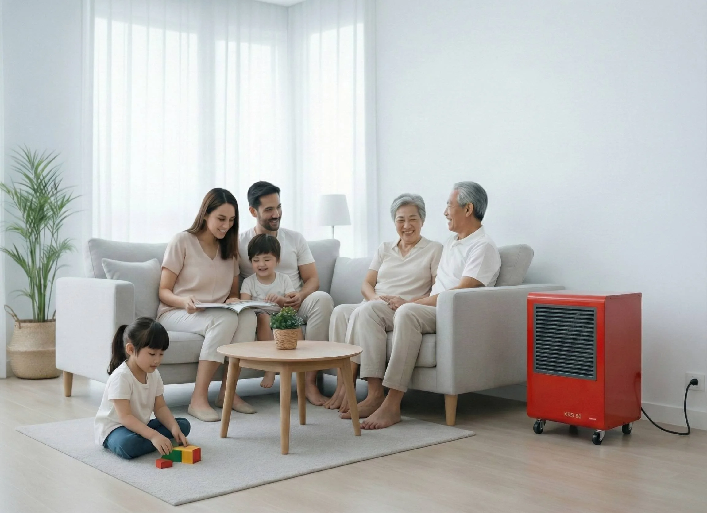 Family gathering in a living room with grandparents, parents, and children sitting on a sofa, smiling and playing, with a red dehumidifier on the right side.