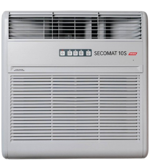 White wall-mounted dehumidifier Kruger unit with controls and vents, labeled 'SECOMAT 10S'.