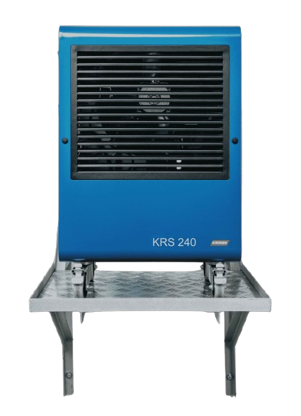 A blue Kruger KRS industrial dehumidifier unit on a metal table.