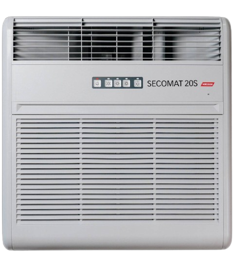 White wall-mounted dehumidifier unit with control buttons and vents.