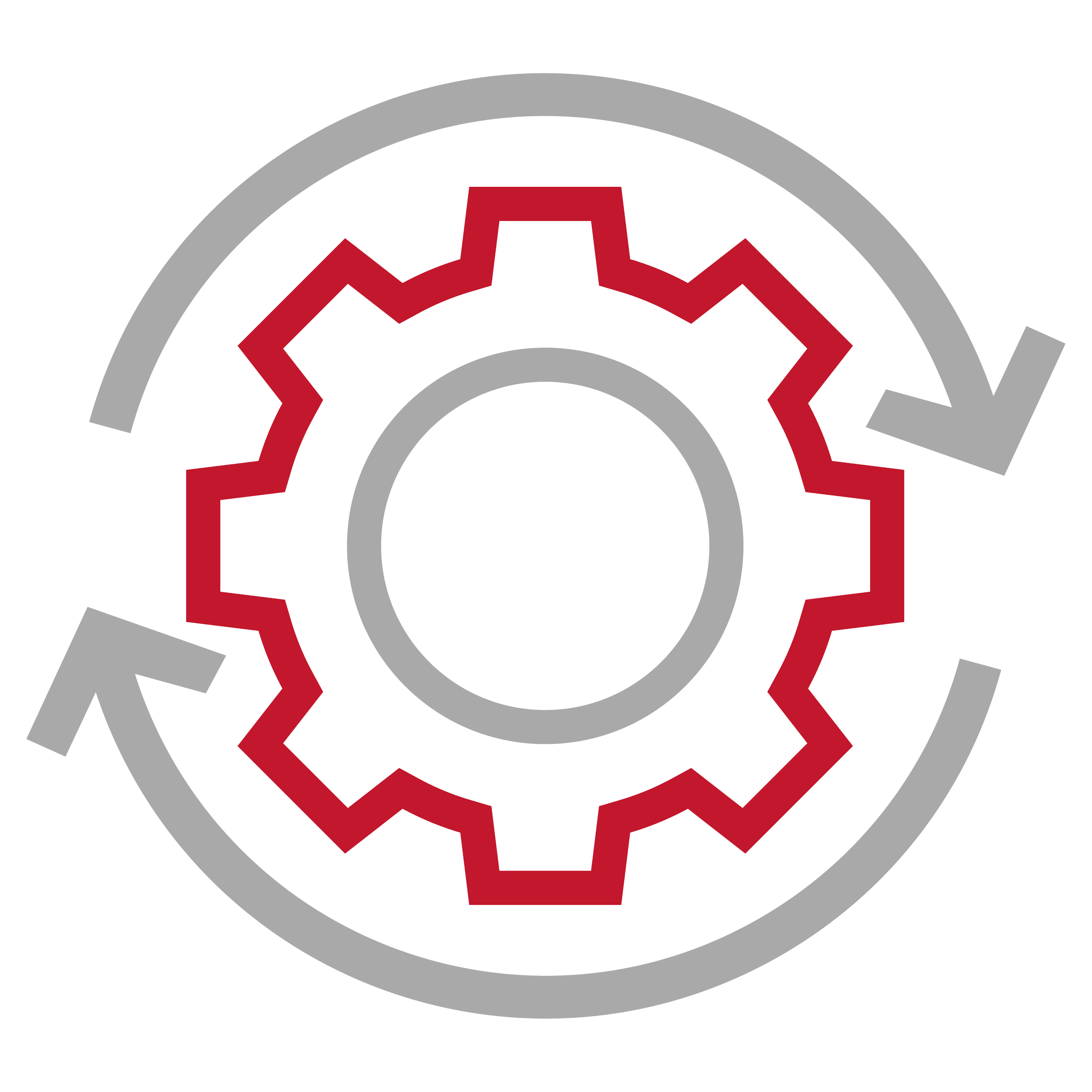 Gear icon with arrows indicating rotation, in black, gray, and red.