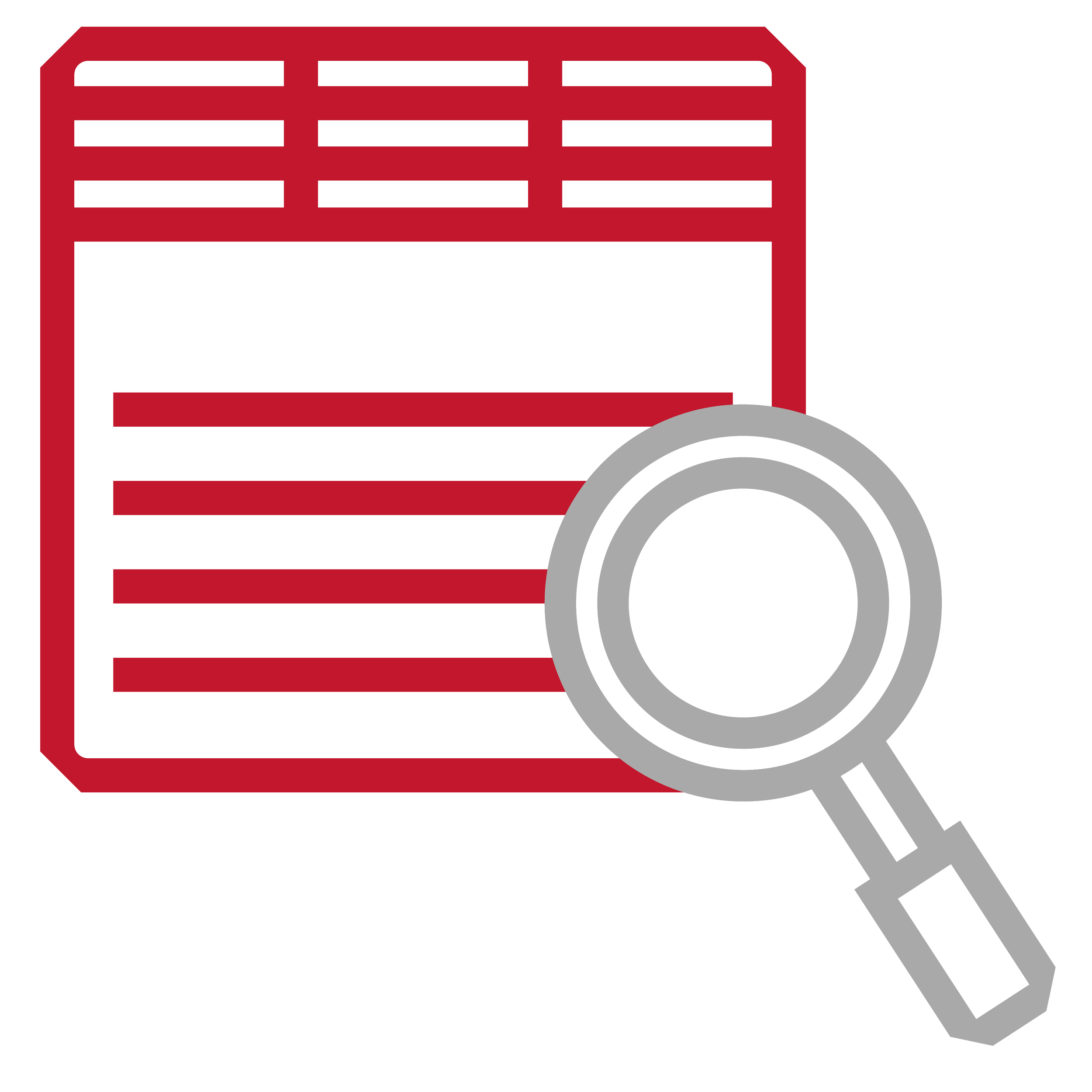 Icon of a red clipboard with black lines and a gray magnifying glass in front of it.
