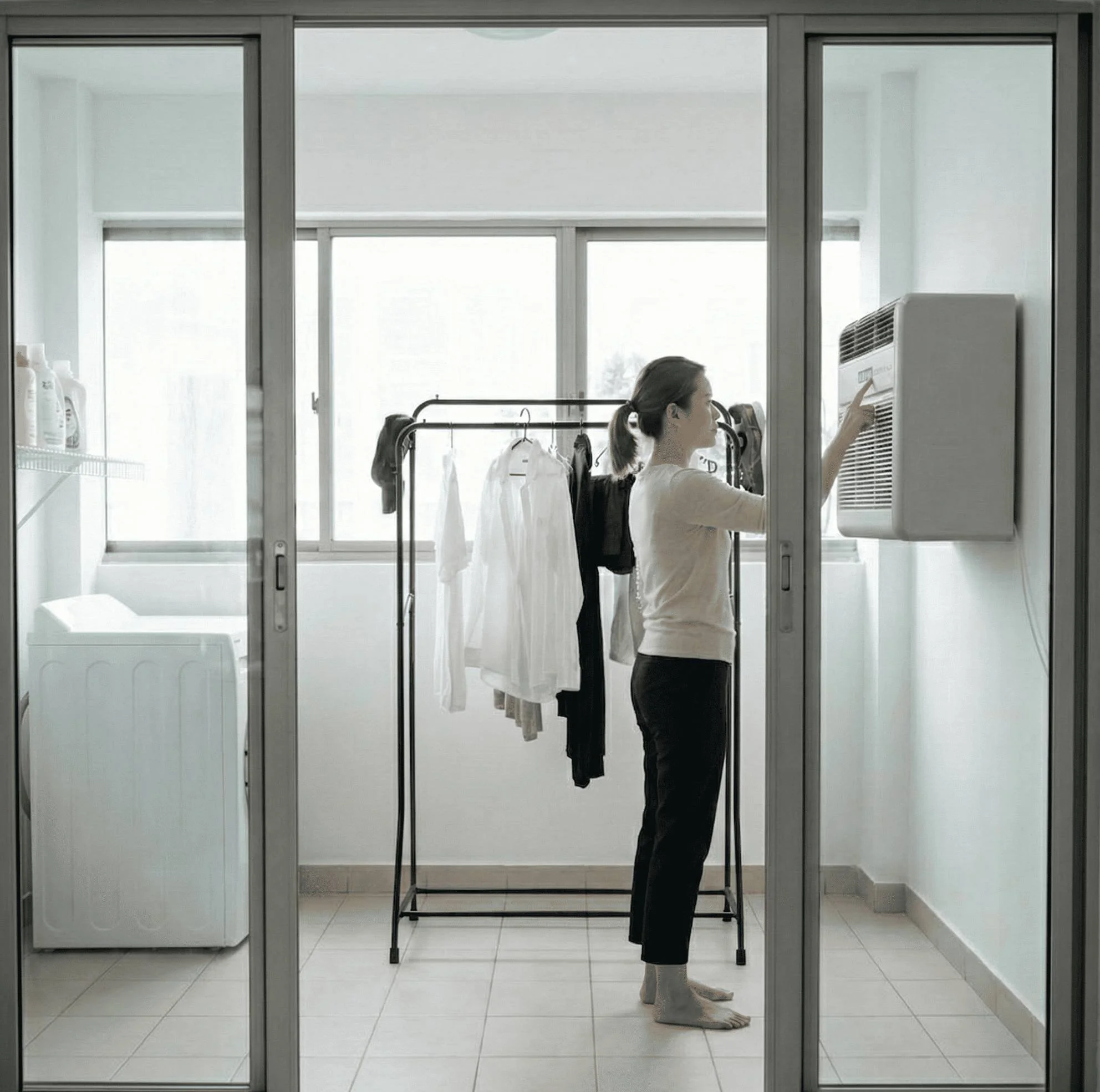A woman standing on a tiled laundry room floor, reaching to adjust an dehumidifier unit on the wall, with a drying rack of clothes behind her, seen through a glass door.