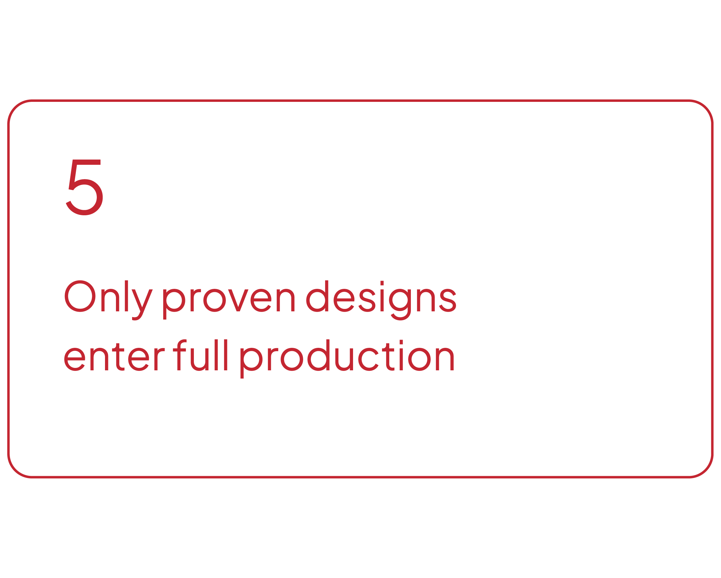 A digital graphic with the number 5 in large font and the text 'Only proven designs enter full production' below it, framed by a red border on a black background.