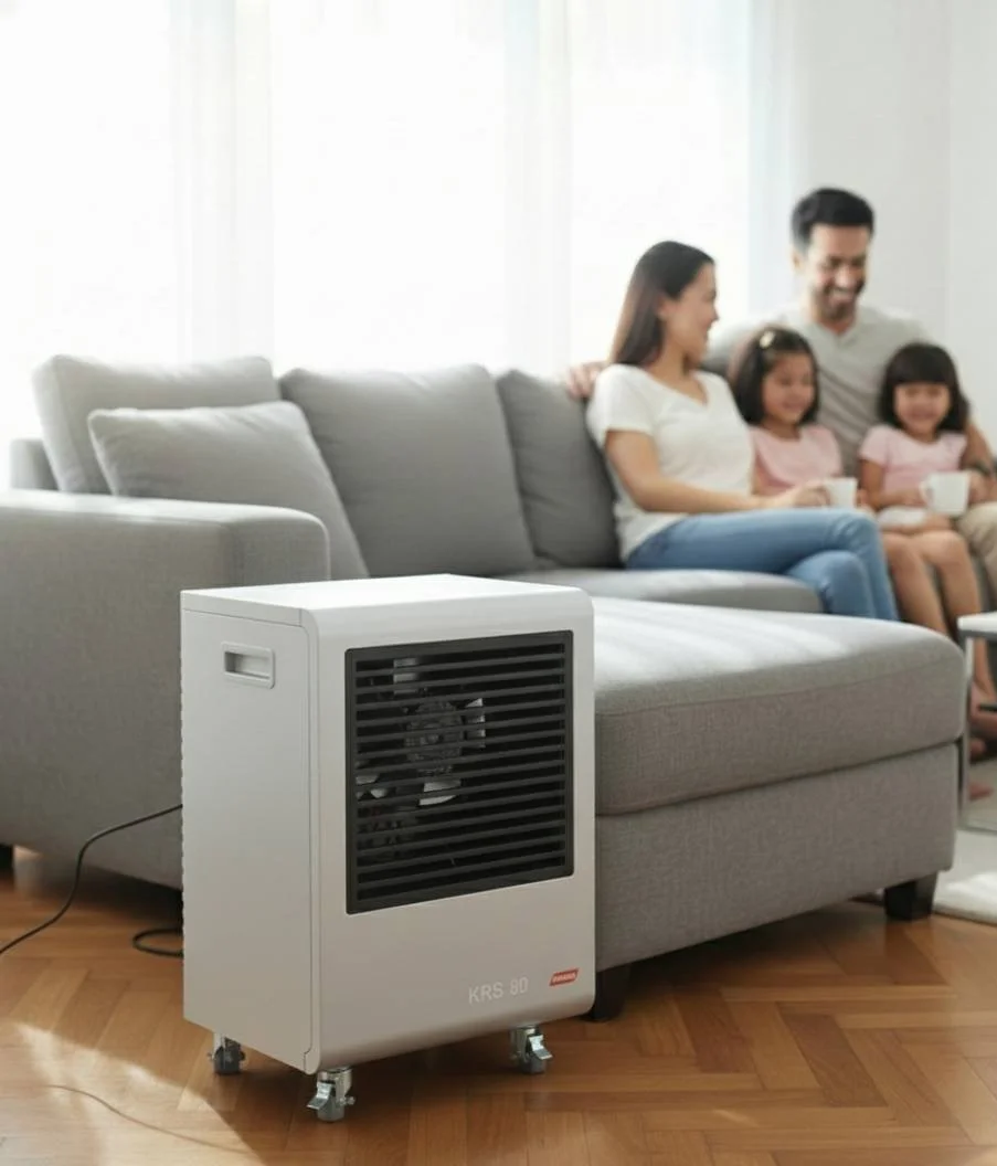 A portable space heater is on a wooden floor in a living room. In the background, a family of four is sitting on a gray couch, smiling and holding cups.