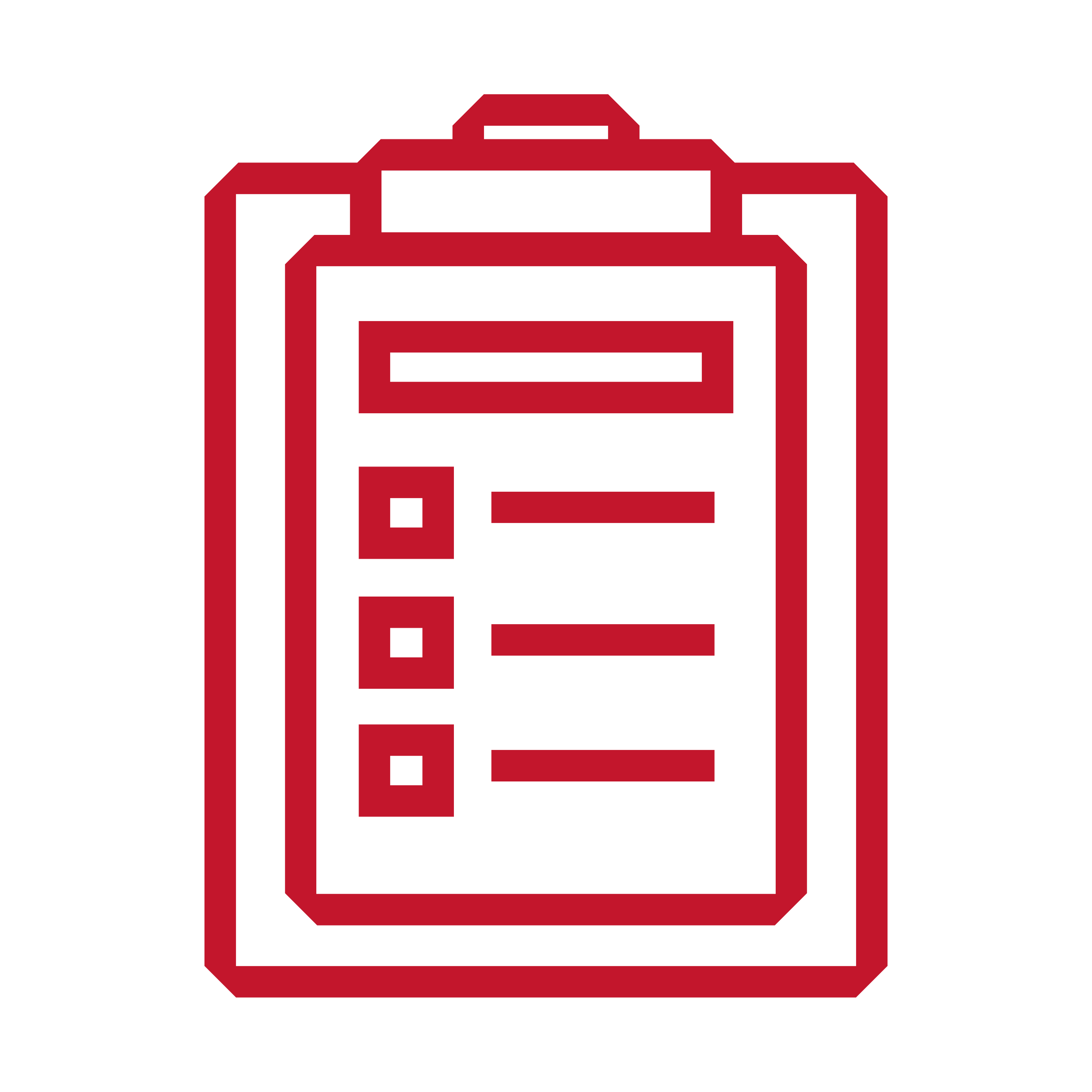 Line drawing of a clipboard with checkboxes and lines, outlined in red on a black background.