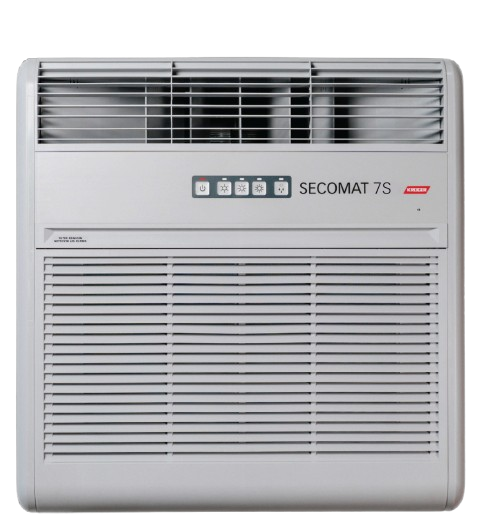White wall-mounted dehumidifier Kruger unit with controls and vents, labeled 'SECOMAT 7S'.