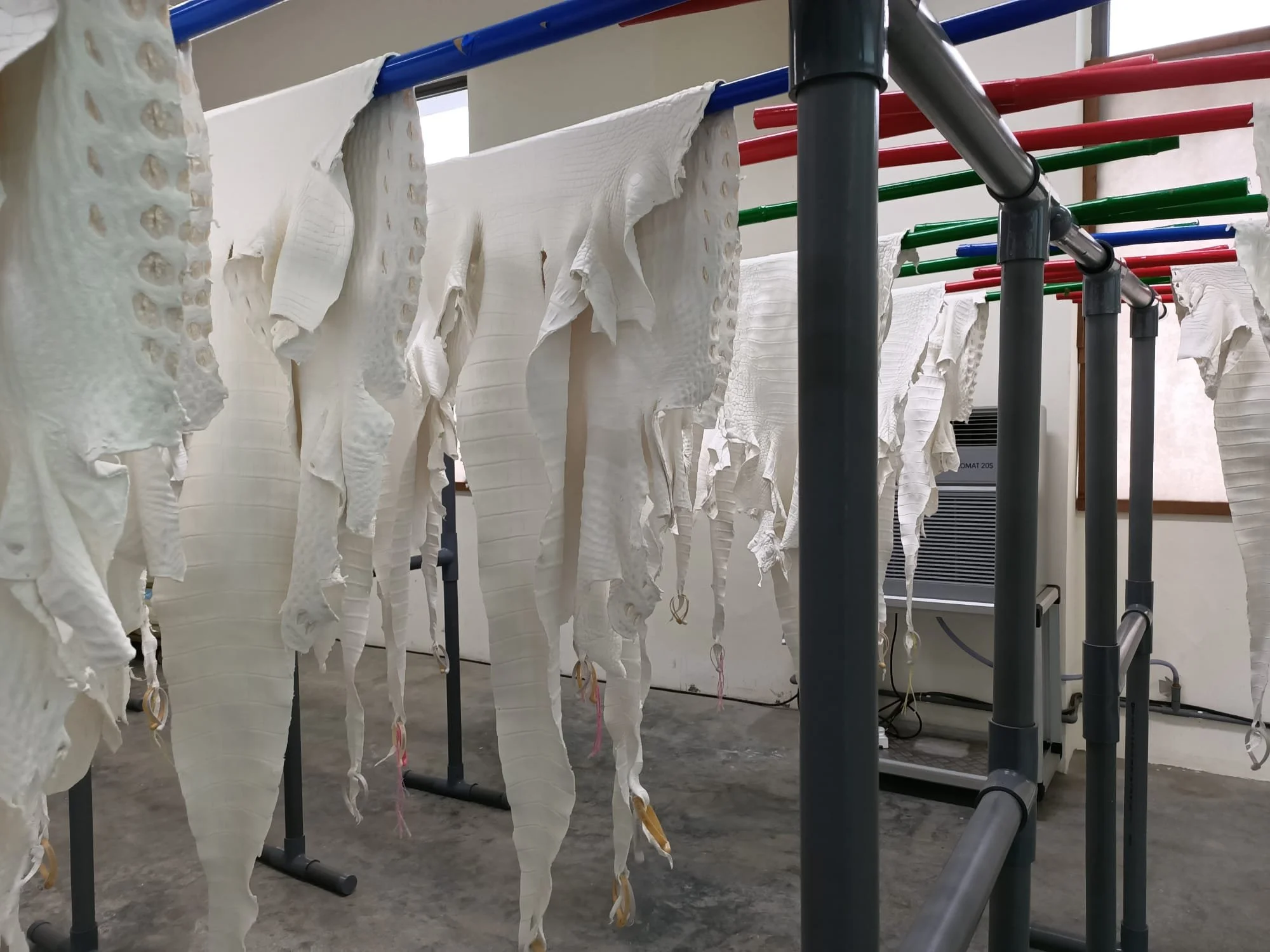 Sheets of leather hanging on a drying rack in an indoor setting with white walls and a concrete floor.