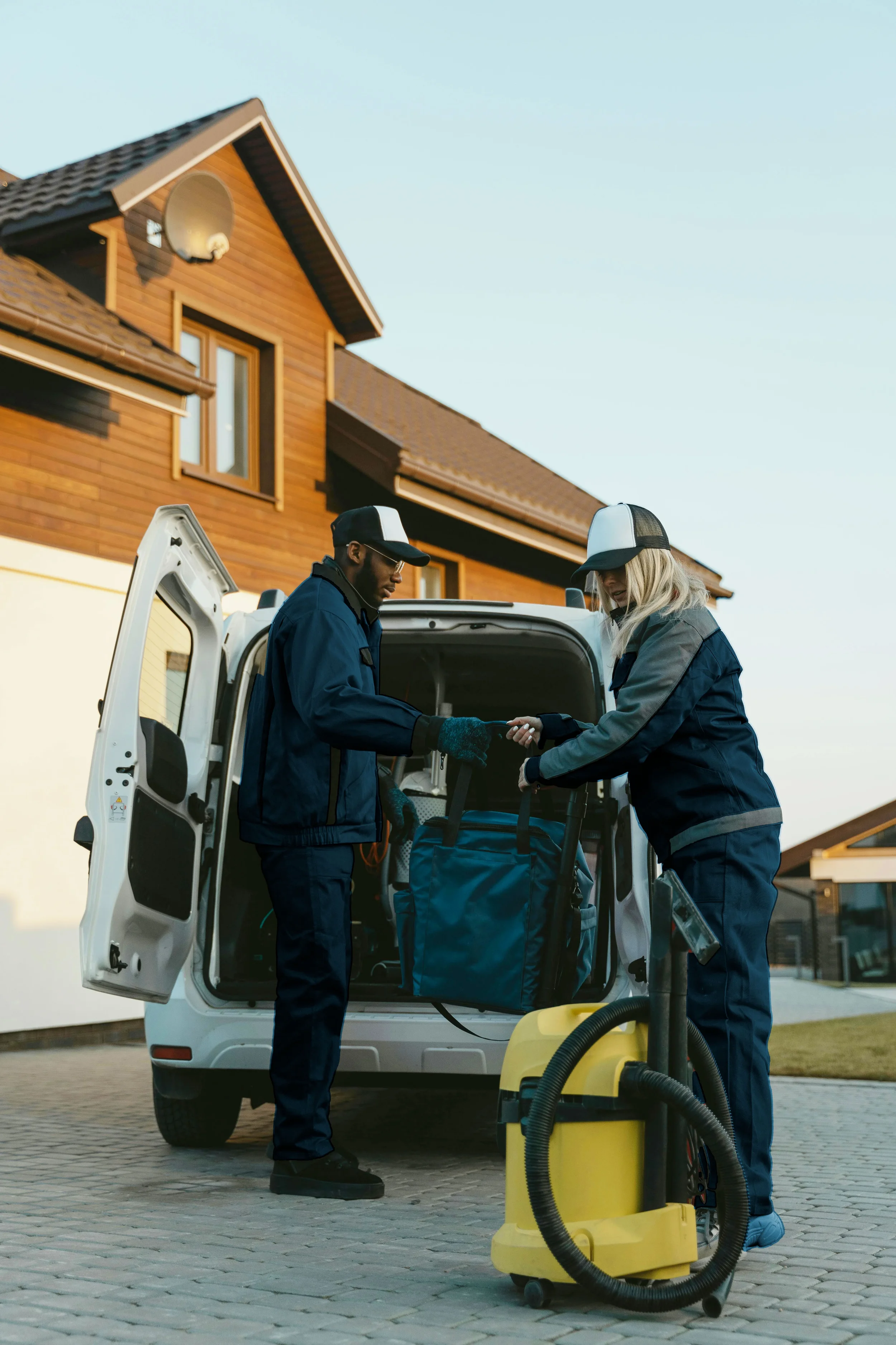 Two cleaning professionals unload cleaning supplies from a van, with a house in the background.