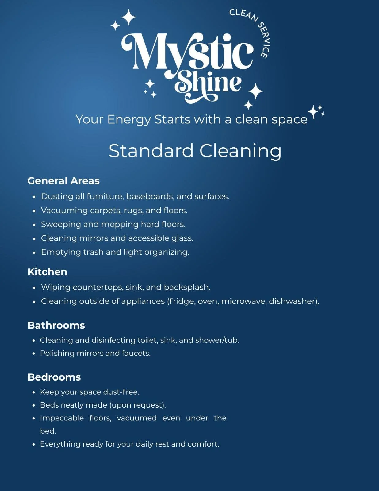 Cleaning guideline poster titled "Mystic Shine Clean Service" with tips for general cleaning, kitchen, bathroom, and bedroom areas on a blue background.