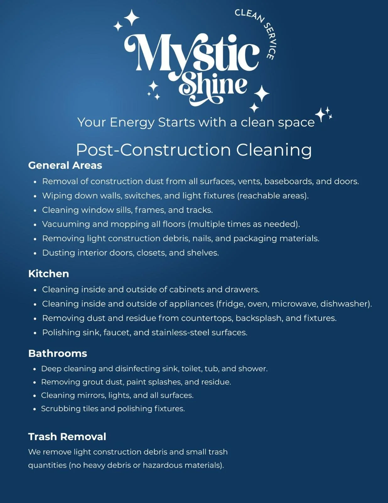 Blue informational poster for Mystic Shine Cleaning services, listing post-construction cleaning, kitchen, bathroom, and trash removal services.