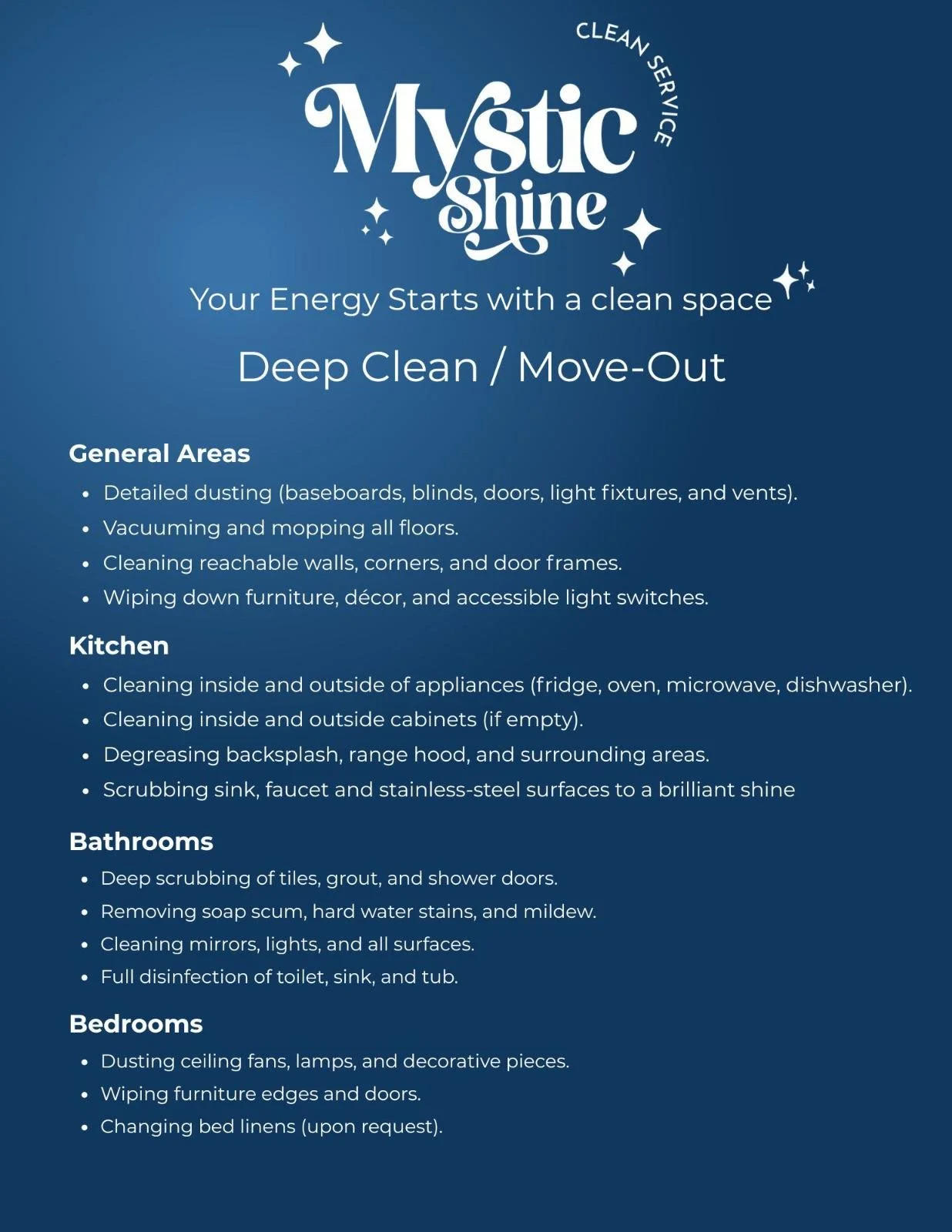 Guide for deep cleaning and move-out cleaning by Mystic Shine, emphasizing a deep clean for various home areas including general areas, kitchen, bathrooms, and bedrooms.