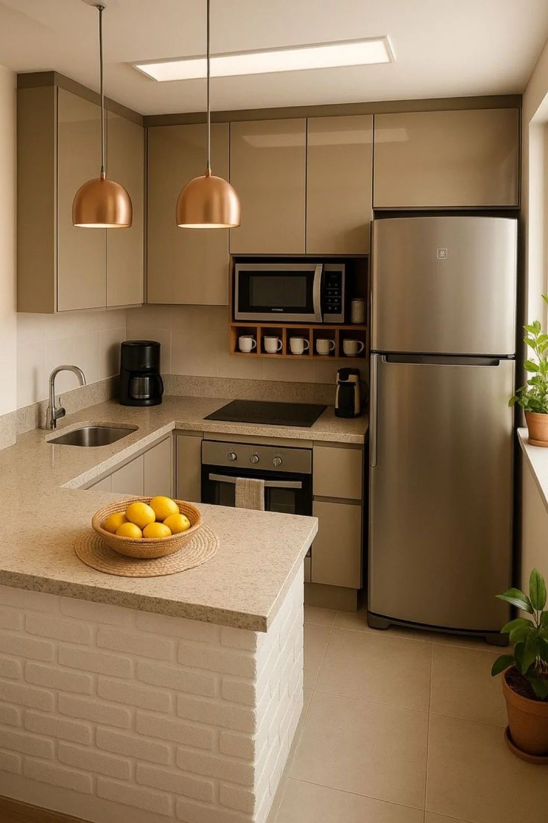 Modern kitchen with beige cabinets, stainless steel refrigerator, microwave, and oven. Wooden pendant lights hang above a beige countertop with a bowl of lemons. A coffee maker is on the counter, and there are green houseplants near a window.