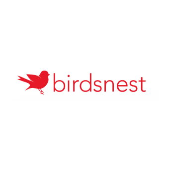 A logo featuring a red bird and the word "birdsnest" written in red lowercase letters