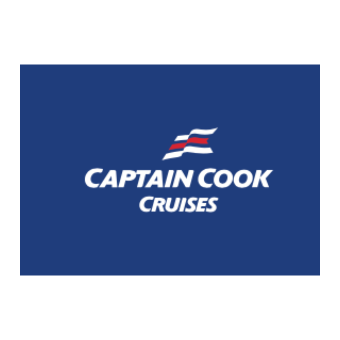 Captain Cook Cruises logo with stylized red, white, and blue flag on a blue background.