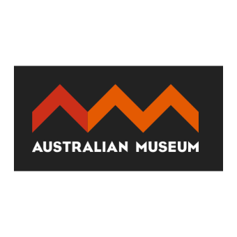 Australian Museum logo with stylized mountain peaks in red, orange, and yellow on a black background.